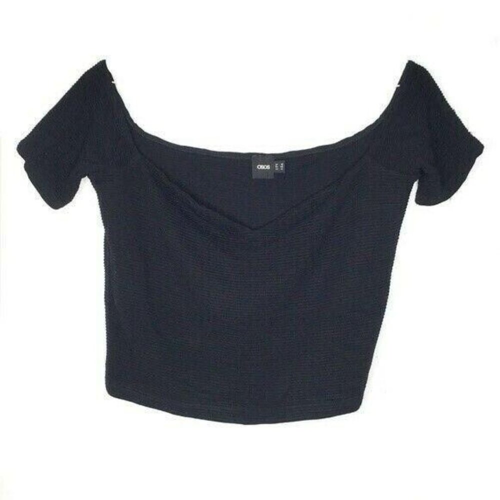 ASOS Top 14 Womens Cropped Black Off Shoulder Stretch Textured V Neck Date Night